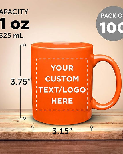 Custom Ceramic Coffee Mugs 11 oz. Set of 100, Personalized Bulk Pack - Coffee cup set, Iced coffee cup, Gaming mug - Orange