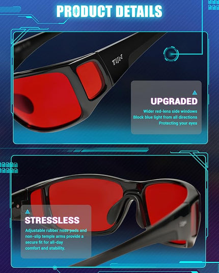 TIJN Sonia Sleep Glasses for Blue & Green Light Blocking,Red Lens with Dual AR Coating,Wraparound Frame for Gaming Screen