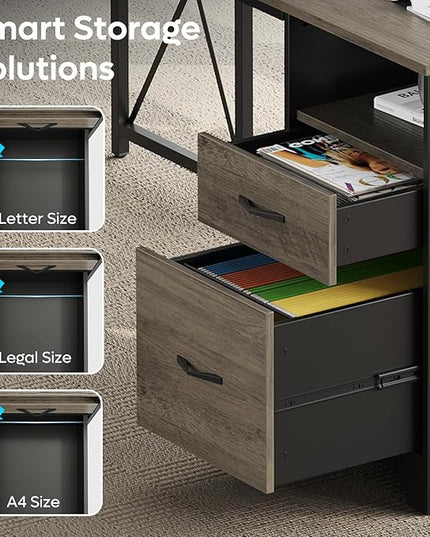 Bestier L Shaped Desk with 4 Drawers, 63" x 47" Executive Desk with Open Storage & Monitor Stand, Corner Desk with 2 File Drawers & Modesty Panel for Home Office, Gray