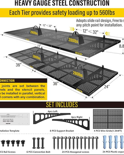 4-Pack 2x3ft Adjustable Garage Wall Shelving 1120lbs Load Capacity Heavy Duty Wall Mounted Storage Shelf Metal Floating Shelves for Garage(Black)
