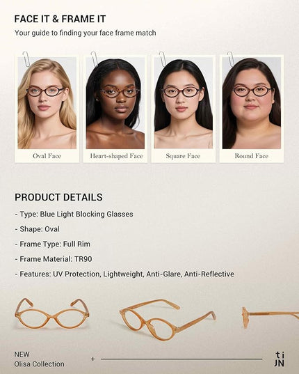 TIJN Olisa Blue Light Blocking Glasses for Women Men,Oval Glasses Frame Bluelight Glasses for Gaming/Computer/Screen