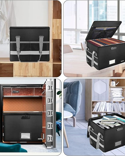 ENGPOW File Box with Lock, Fireproof Document Box with Pockets, Collapsible File Organizer Filing Storage Cabinet with Handle, Portable Home Office Safe for Hanging Letter/Legal Folders,Black,2 Pack