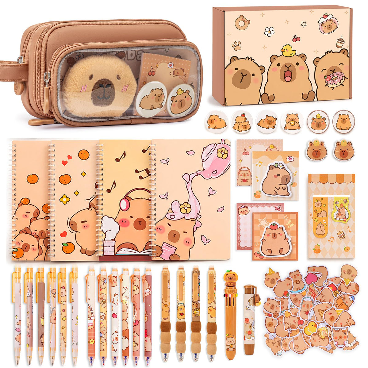 Similove Capybara Stationery Set 92 Pcs, Kawaii Back to School Supply Bundle with Pencil Case, Notebooks, Pens and Stickers, Cute School Supplies for Kids Girls, Kindergarten Elementary Gifts