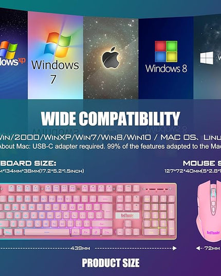 RedThunder K10 Wireless Gaming Keyboard and Mouse Combo, LED Backlit Rechargeable 3800mAh Battery, Mechanical Feel Anti-ghosting Keyboard + 7D 3200DPI Mice for PC Gamer (Pink)