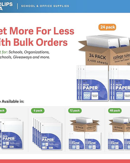 Loose Leaf Paper College Ruled Notebook Paper College Ruled Lined Writing Filler Paper 10.5” x 8” 2400 Sheets 100 Sheets Per Pack 60 gsm (24 Pack)