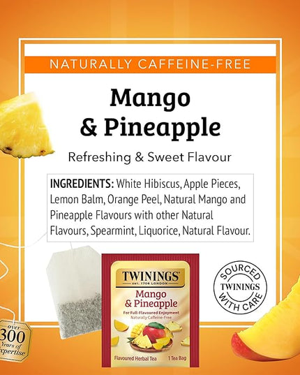 Twinings Mango & Pineapple Herbal Tea Individually Wrapped Bags, 20 Count (Pack of 2), Naturally Caffeine-Free, Enjoy Hot or Iced, 20 Teabags