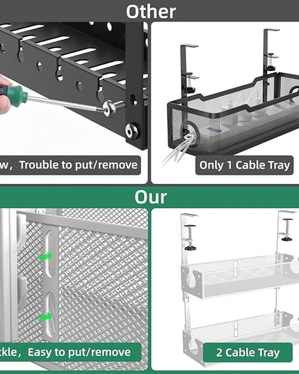 Multi-Model Under Desk Cable Management Tray 2 Packs Metal Under Desk Wire Management Clamp Mount Under Table Cord Management No Damage The Desk (White)