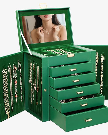BOOVO Jewelry Box For women, 6 Layer Large Jewelry Organizer With Mirror, Multi-Function Storage Box With Lock, Necklace Holder With 5 Drawers, For Earrings Necklace Bracelet (Green and Gold)