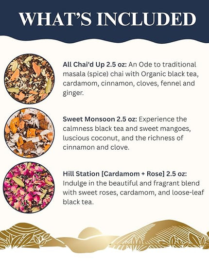 The Chai Box Top Selling Loose Leaf Tea Gift Set - Featured in Oprah's Favorite Things | 3-Flavor Caffeinated Chai Tea Gift Box with Stainless Steel Steeper (3 Pack) | Small Batch Loose Leaf Tea with Whole, Premium Spices