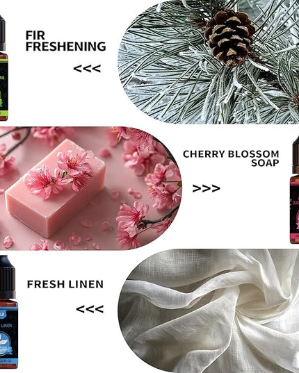 MISIJI Housekeeping Essential Oils Set for Diffuser,Pure Aromatherapy Oil for Diffuser,Candle Making,Natural Soap Scent,Cherry Blossom Soap,Fresh Mint,Fresh Linen,Air Freshener,Extra Clean