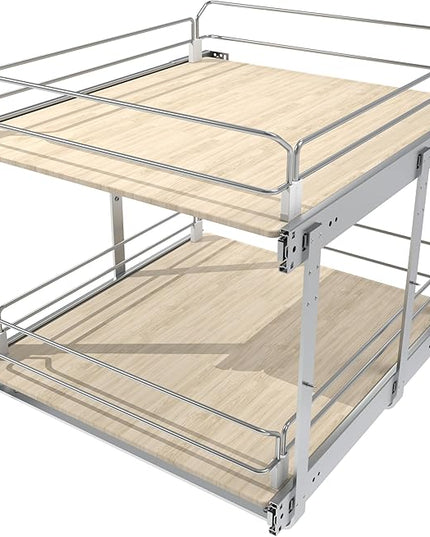 2 Tier Pull Out Cabinet Organizer 20" W X 22" D, Slide Out Drawers For Kitchen Cabinets, Pull Out Drawers For Cabinets Capacity Heavy Duty Caddy, Cabinet Pullout Shelves Wood Chrome, Pantry Storage