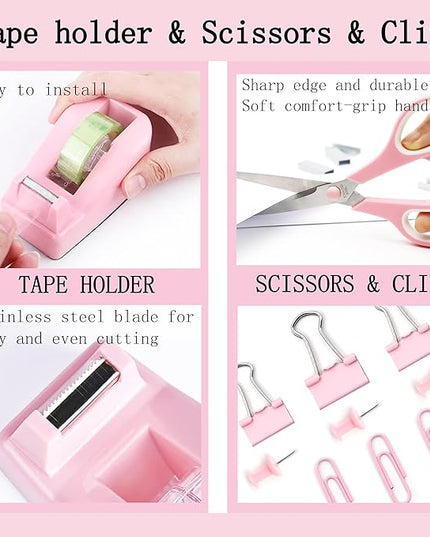 Pink Office Desk Accessories Supplies, 12pcs Desk Organizers and Accessories with Tape dispenser and Stapler,Staples,Staple Remover,Pen Holder,Scissor,Ruler,Sticky Tabs,Tape,Ballpoint Pen,Clips Set