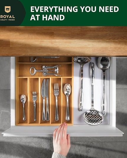 ROYAL CRAFT WOOD Luxury Bamboo Utensil Rack and Silverware Organizer, Kitchen Drawer Organizer - Utensil Holder and Cutlery Tray with Grooved Drawer Dividers for Flatware 7 Slot, Natural
