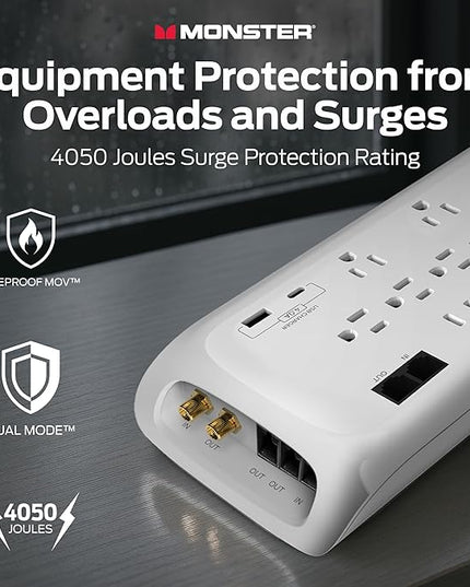 Monster Power Surge Protector w/ 4050 Joule Rating — Heavy Duty 6 FT Surge Protector Power Strip w/ 12 Outlets, 2 USB, 2 Coax, 2 Ethernet Ports — Fireproof MOV, Dual Mode, Clean Tech (White)