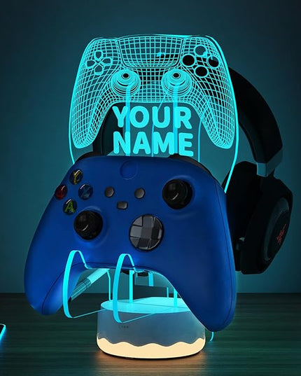 Customized Light up Headset and Controller Stand, 16 Colors 3D LED Lights Gamepad Headphone Holder with Remote Control, Game Controller Hanger for All Universal Gaming PC Accessories