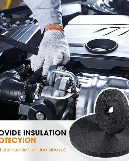Black 2:1 Ratio Automotive Heat Shrink Braided Sleeving,Wear-Resistant Flat Woven Shrinkable Sleeve Fabric Car Cable Wires Hoses Protection (1"-8ft)