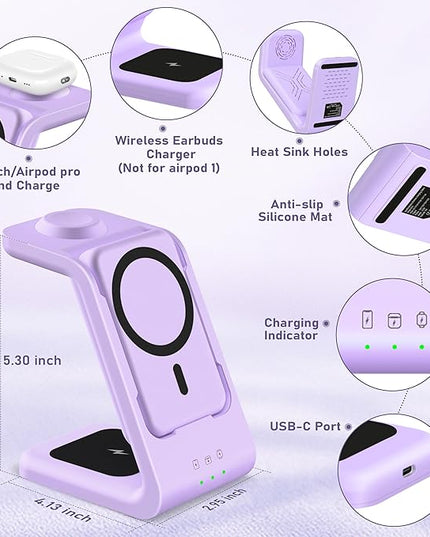 3 in 1 Wireless Charging Station: 5000mAh Removable Power Bank Charger Stand for Phone/Watch/Air Pods - Portable Magnetic Battery Pack for Air 17 16 15 14 13 12 Series Purple