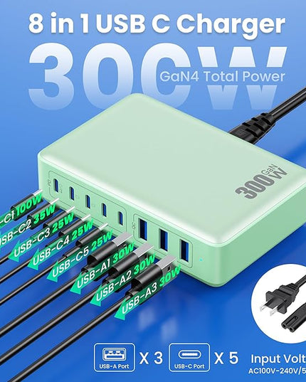 USB C Charger 300W USB C Charger Block, 8-Ports GaN IV Fast Charging Station Hub,PD 100W Laptop Charger Adapter,for MacBook Pro/Air/iPad/iPhone16/15/14/Apple Watch/DELL/Samsung for Home Office