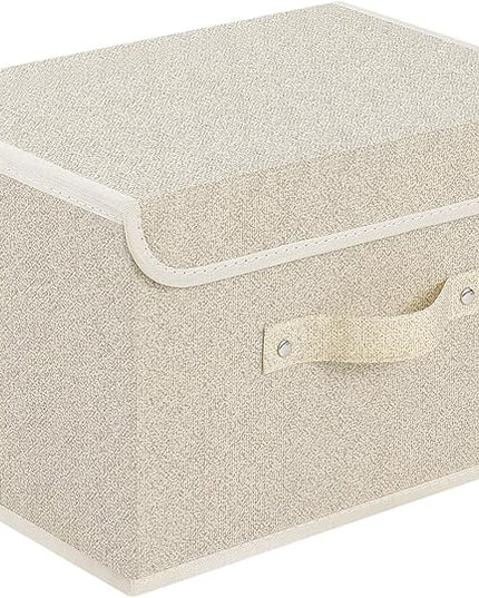 Storage Boxes, Collapsible Storage Bins with Lids, Cotton and linen cloth Storage Baskets with Handle, for Books, Closet, Bedroom, Home, 13x9.1x7.9 in, Grey and Beige