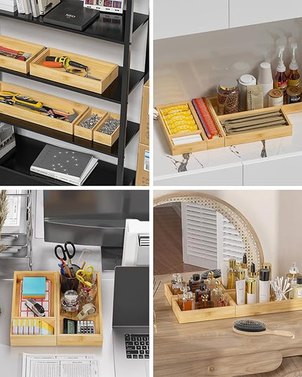 Bamboo Kitchen Drawer Organizer, Stackable Utensil Holder Silverware Organizer Cutlery Tray - 2PCS Organizer Bins for Makeup Jewelries Flatware in Bathroom, Office Desk, Cabinets, 15x6x2 inch