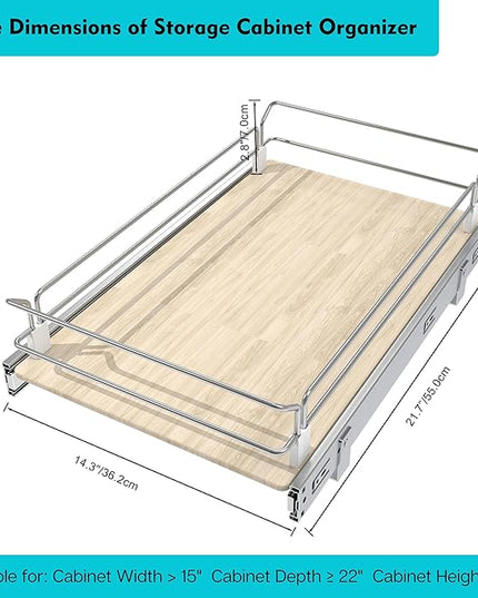 Pull Out Cabinet Organizer 15" W X 22" D, Slide Out Drawers For Kitchen Organizers and Storage, Pull Out Drawers For Cabinets Capacity Heavy Duty Caddy, Cabinet Shelves Wood Chrome, Pantry Storage
