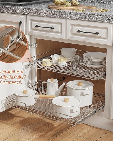 ROOMTEC Individual Pull Out Cabinet Organizer (28½" W x 21½" D), 2 Tier Spice Rack Organizer for Cabinet, Slide Out Drawer Pantry Shelf Organization and Storage for Kitchen Bathroom