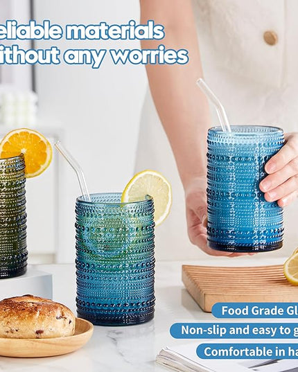 Vintage Hobnail Drinking Glasses Set of 12, 15oz Textured Tumblers - Embossed Blue Bar Glasses for Cocktails, Beer, Whiskey, Dishwasher-Safe Highball Cups for Kitchen, Juice & Mixed Drinks