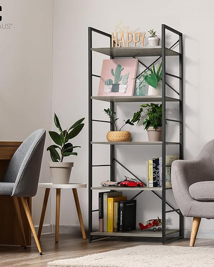 CAPHAUS 5 Tier Bookshelf, 24 Inch Width Free Standing Shelf, Bookcase Shelf Storage Organizer, Industrial Book Shelves for Home Office, Living Room, Kitchen, Dark Grey