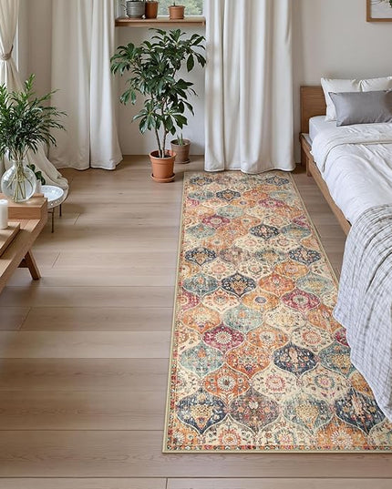 Lahome Moroccan Washable Kitchen Runner, 2x7 Runner Rug with Rubber Backing Non Slip, Vintage Hallway Rug Throw Carpet for Hallways Bedroom Laundry Room Entryway, Cream/Multi