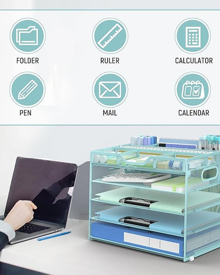 Docnest 5 Tier Mesh Desk Organizer- Letter Tray with Adjustable Compartments, Mesh Desktop Storage Built in Pen Holder and Handles, Desk Organizer Tray for Mail Documents Office Supplies-Blue