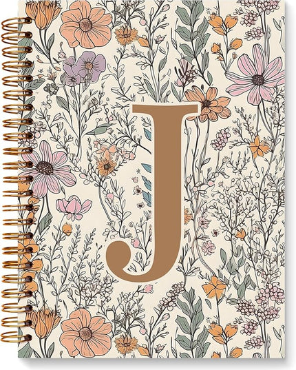 JXREQ Vintage Boho Floral Personalized Notebook, Initial Letter J Notebook Journal, Monogram Notebook, Monogrammed Gifts for Women, Boho Office Supplies, Flower Spiral Notebook 5.5x8.3