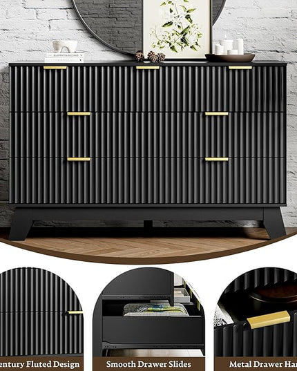 HUANLEGO Fluted Dresser for Bedroom with 7 Drawer, Mid Century Modern Chest of Drawers, 48" Wide Natural Wood Dresser for Closet, Wooden Boho Chest Closet Storage TV Stand for Bedroom, Black