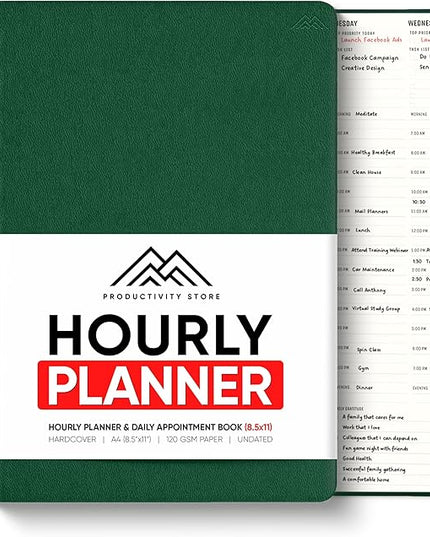 Hourly Planner & Appointment Book (8.5” x 11”) - Premium Hourly Planner with Daily Schedule & 30-Minute Time Slots for Better Time Management by PRODUCTIVITY STORE (A4, Green)