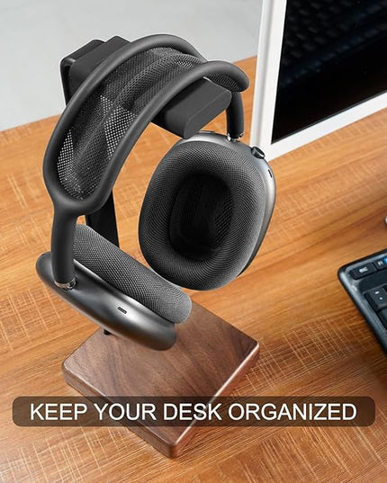 GEVO Headphone Stand Headset Holder - Headset Metal Mount Rack for Desk with Walnut Wooden Square Base for Gaming, AirPod Max, Bose, Sony, Razer, Jabra, JBL