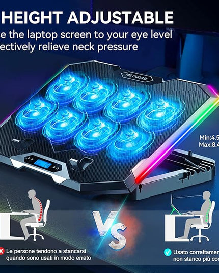 ICE COOREL Gaming Laptop Cooling Pad with 8 Cooling Fans, Laptop Fan Cooler Pad for 15-17.3 Inch, Notebook Cooler Stand with 6 Height Adjustable, RGB Cooling Pad with Two USB Port + Phone Stand