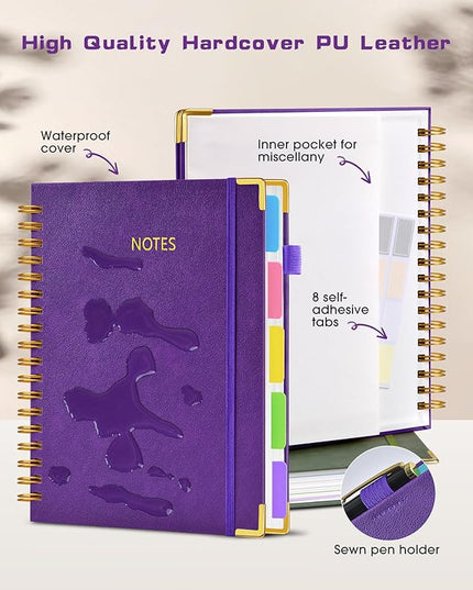 Hardcover Spiral Notebook Journal with Removable Dividers Tabs, 300 Pages Leather 5 Subject Notebook College Ruled, 8"x10" Large Notebooks for Work School Note Taking, Journal for Women, Dark Purple