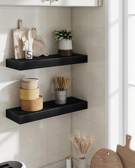 Fun Memories Floating Shelves Bathroom for Wall Mounted Shelves, 20 Inch Wood Shelf Set of 2, Home Storage & Display Decor, Black