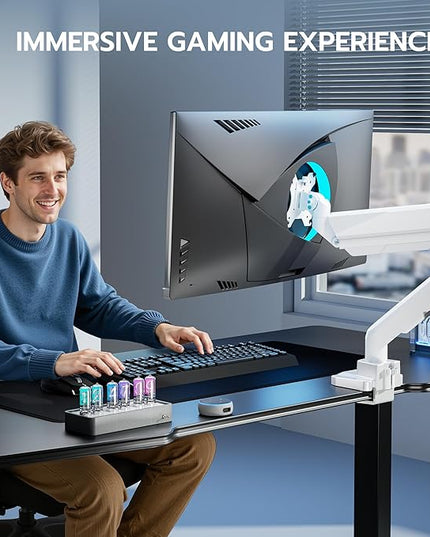 ARES WING Single Monitor Arm, Heavy Duty Adjustable Monitor Arm for 13"-49" Screens with USB, Gas Spring Desk Mount Stand with C Clamp/Grommet Mounting Base up to 40lbs Computer, White