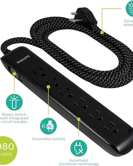 Philips 6 Outlet Surge Protector Power Strip, Designer Braided Power Cord, 10 Ft, Flat Plug Extension Cord, Perfect for Office or Home Décor, 1080 Joules, ETL Listed, Black, SPC3064BG/37 (Pack of 6)
