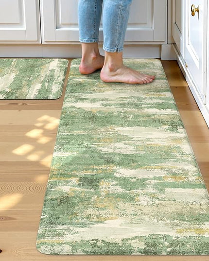 Collive Kitchen Mats Cushioned Anti Fatigue, Modern Abstract Non Slip Kitchen Floor Mat Waterproof Green Sink Rug 2 Piece, Comfort Desk Standing Rugs for Bedroom, Office, Laundry, 17"x29"+17"x47"