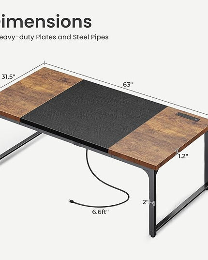 Huuger 63 x 31.5 inch Desk with Power Outlets & USB-C, 1.2 Inch Thicker Desktop, Robust Metal Tubes, Deep Computer Desk, Heavy Duty Office Desk, Work Desk, Rustic Brown and Black