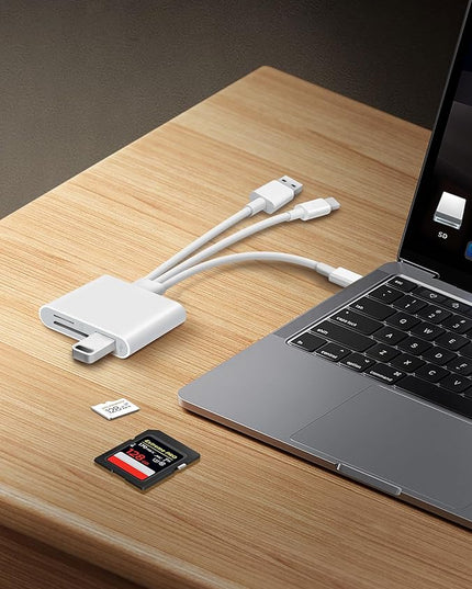 SD Card Reader for iPhone iPad Laptop 3-in-1 Connectors Memory Card Adapter with Dual Slots & USB Port Trail Game Camera Viewer for iPhone Mac MacBook Android Laptop White