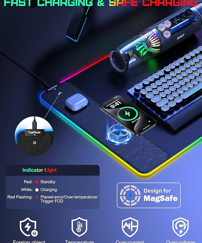 TopMade Wireless Charging RGB Mouse Pad, Waterproof Gaming Desk Mat with 4 Light Modes & 11 RGB Colors, 31.5"x15.75" XXL Large Desk Pad(Includes 20W PD Power Adapter & 6.56ft Woven Cable)