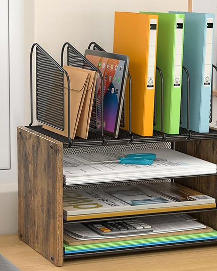 4-Tier Desk Organizer, Desk File Organizer with 5 Vertical File Holders, Office Desktop Organizer with 3 Level Paper Organizer Letter Tray, Wooden Desk Organizers and Accessories for Home Office