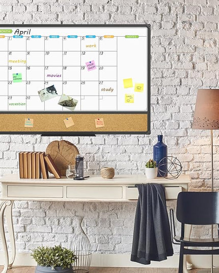 JILoffice Magnetic Calendar Whiteboard & Bulletin Corkboard Combination, Combo Board 36 x 24 Inch, Black Aluminum Frame Wall Mounted Board for Office Home and School with 10 Push Pins