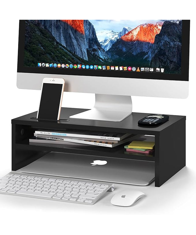 BONTEC Wooden Monitor Stand Riser, 2-Tier Desk Shelf with Storage Organizer, Ergonomic Computer Stand with Cable Management, Cellphone Holder, Black, 16.5 Inch
