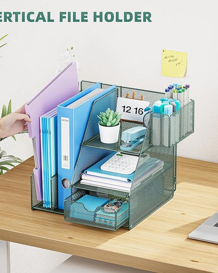 Marbrasse Desk Organizer and Accessories, 3-Tier File Organizer with Drawer and Pen Holder, Small Desktop Organizer and Storage for Workspace Office Supplies Green
