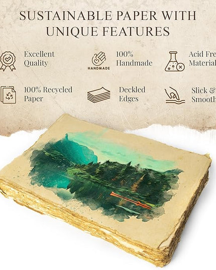 NomadCraftsCo. Blank Vintage Handmade Deckled Edge Paper | 75 Sheets of Recycled Cotton Papers, Perfect Sheet for Any Medium, Blank Watercolor Paper Cards, 150 GSM Thick & Acid-free Antique Paper