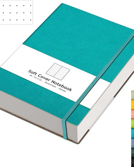 AHGXG Bullet Dotted Journal - 320 Pages Dot Grid Notebook B5 Large Journal, 7.6'' X 10'', 100gsm Thick Dotted Paper, Leather Softcover, with Journal Stencils, Inner Pocket - Cyan