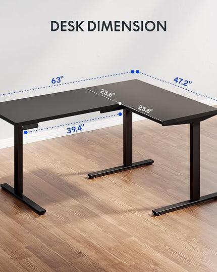FLEXISPOT L Shaped Standing Desk, 63 x 47 Inch Electric Height Adjustable Corner Desk, Sit Stand Computer Workstation, Preset Controller, Home Office, Black Frame with Black Top